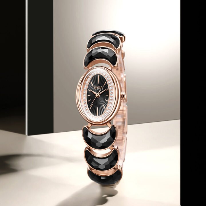 Luna Moon-Shaped Crystals Bracelet Watch - Black/Rose Gold