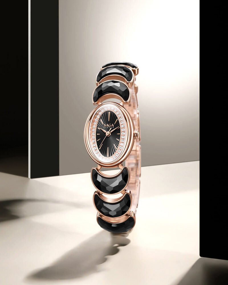 Luna Moon-Shaped Crystals Bracelet Watch - Black/Rose Gold