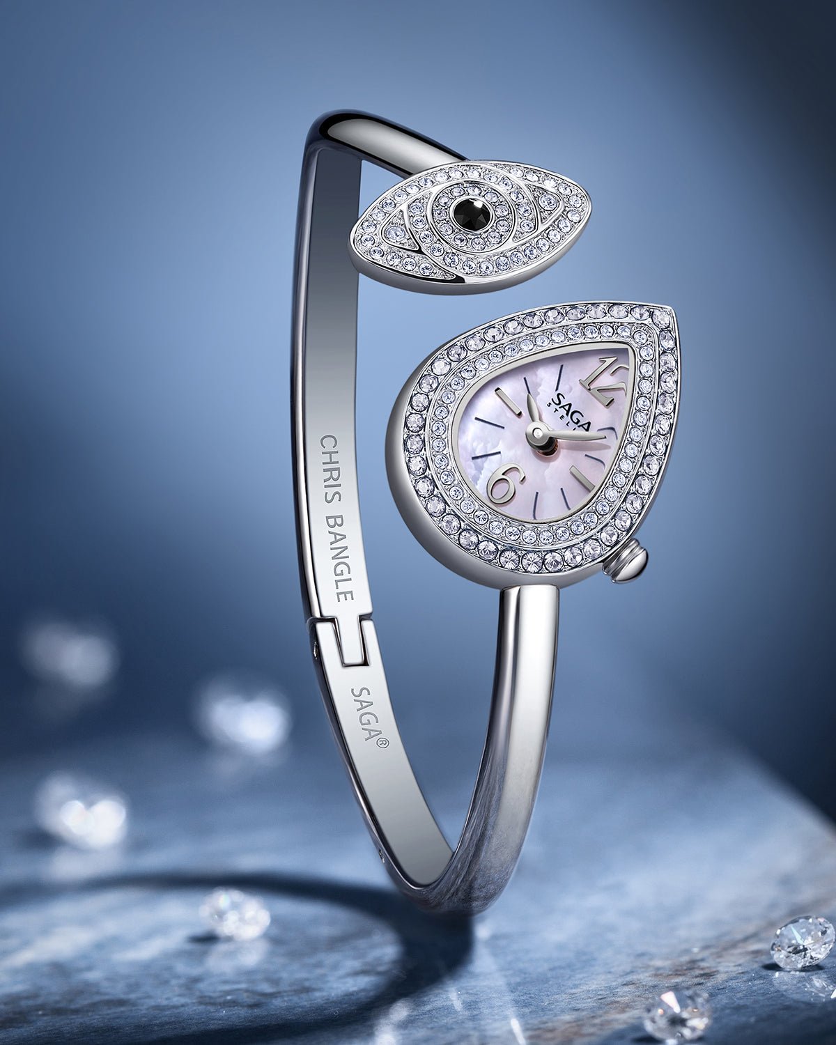 SAGA Angel's Eye Crystal Bracelet Watch — Silver White