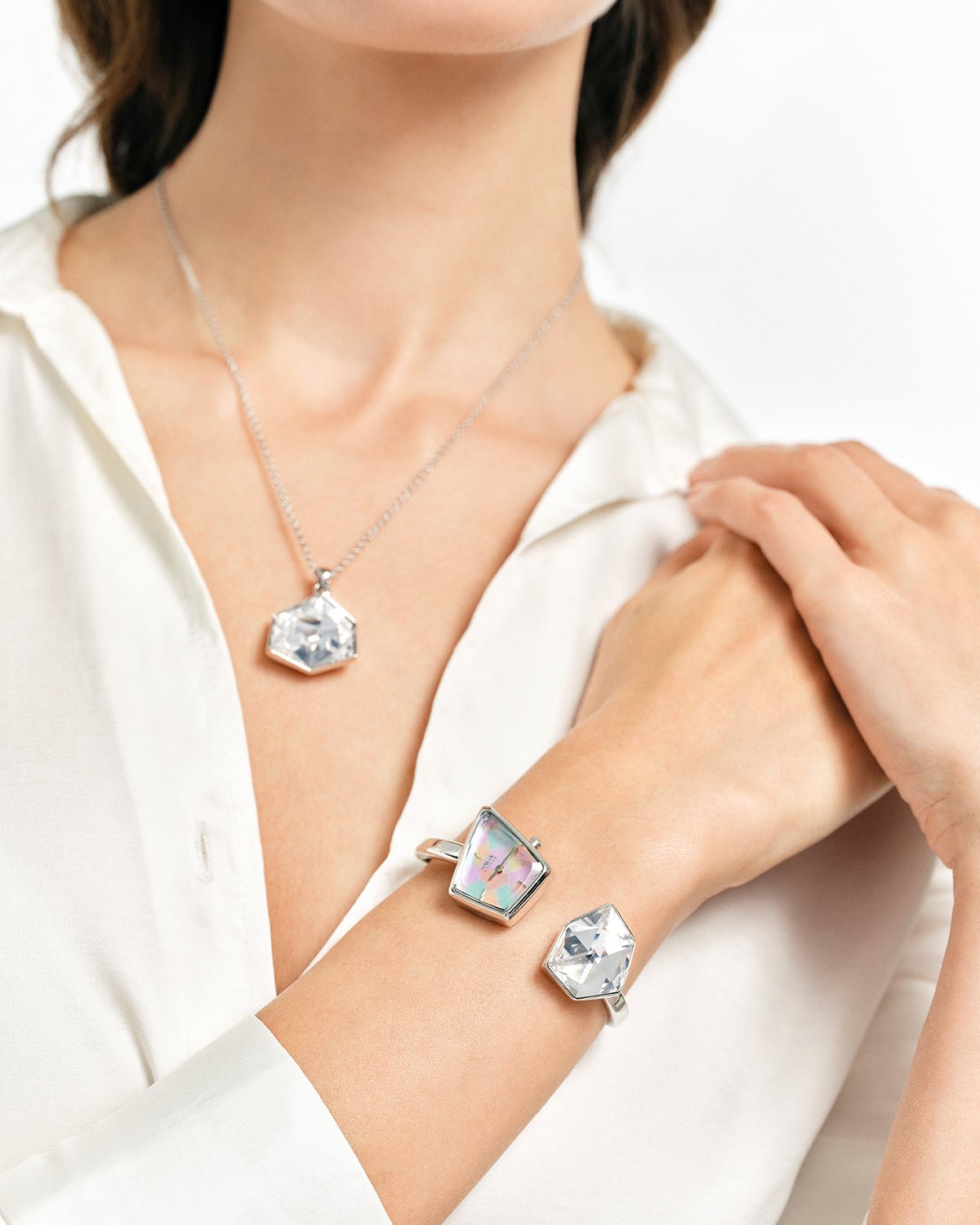 Illusion Crystal Bangle Watch - Silver Bracelet/Clear Crystal - Image 2 Illusion Crystal Bangle Watch - Silver Bracelet/Clear Crystal - Image 2