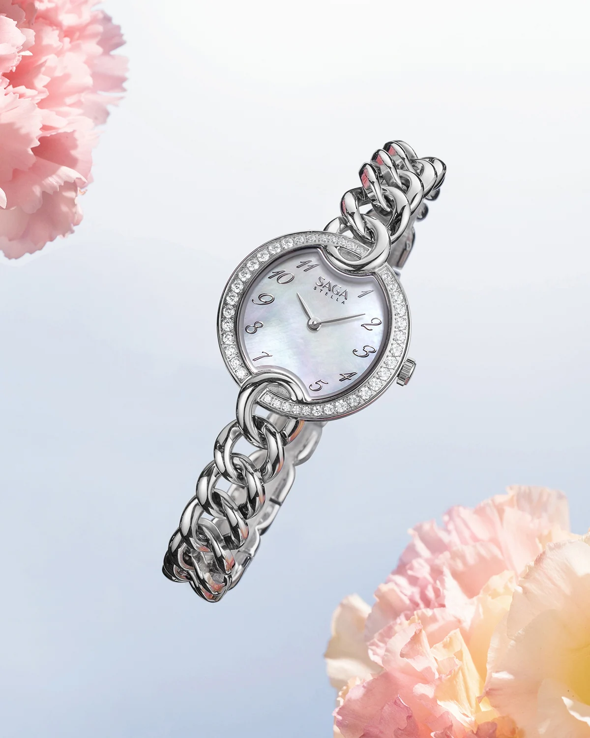 SAGA Chain Women’s Luxury Crystal Watch – Silver Mother of Pearl – SAGA watch at Wristorie SAGA Chain Women’s Luxury Crystal Watch – Silver Mother of Pearl – SAGA watch at Wristorie