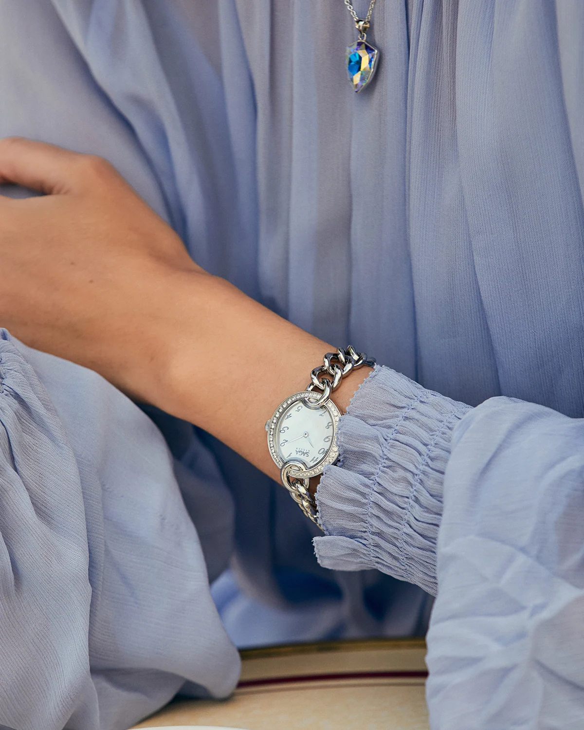 SAGA Chain Women’s Luxury Crystal Watch – Silver Mother of Pearl – SAGA watch at Wristorie SAGA Chain Women’s Luxury Crystal Watch – Silver Mother of Pearl – SAGA watch at Wristorie